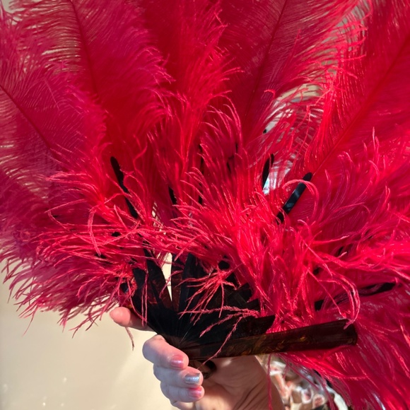 Red  Pink Antique Art Deco Tortoise Hand Fan Ostrich Plume Feather Celluloid - Picture 2 of 3